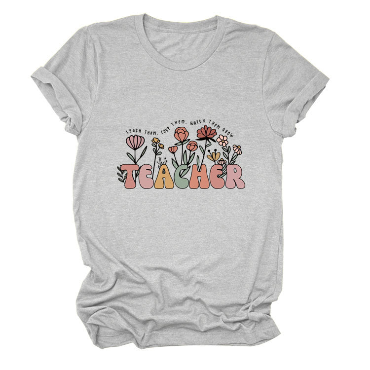 Casual TEACHER Floral Women's Loose Round Neck Short Sleeve