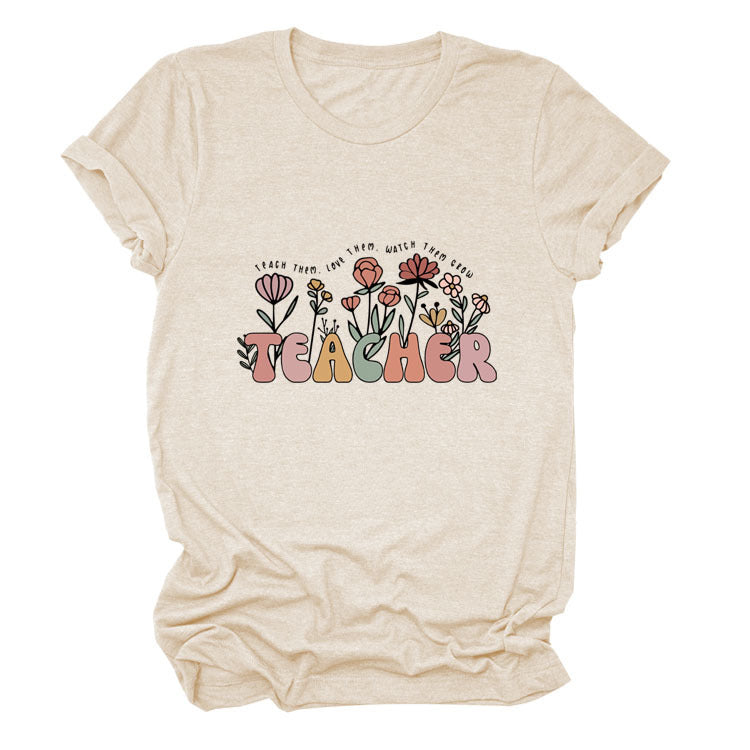 Casual TEACHER Floral Women's Loose Round Neck Short Sleeve