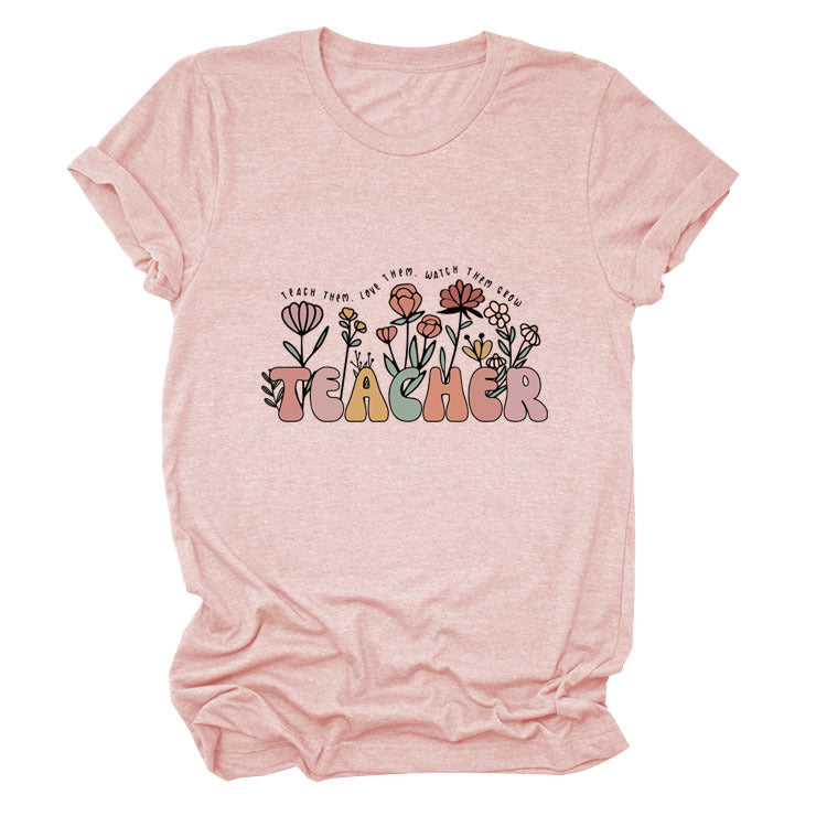 Casual TEACHER Floral Women's Loose Round Neck Short Sleeve
