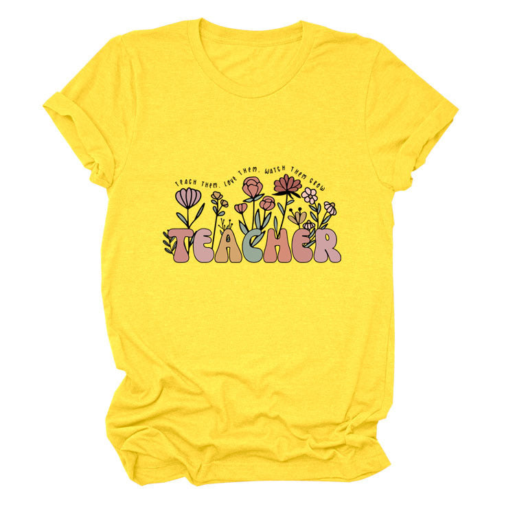 Casual TEACHER Floral Women's Loose Round Neck Short Sleeve