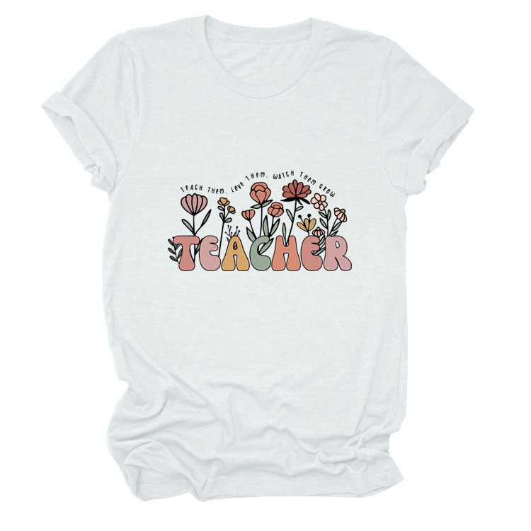 Casual TEACHER Floral Women's Loose Round Neck Short Sleeve