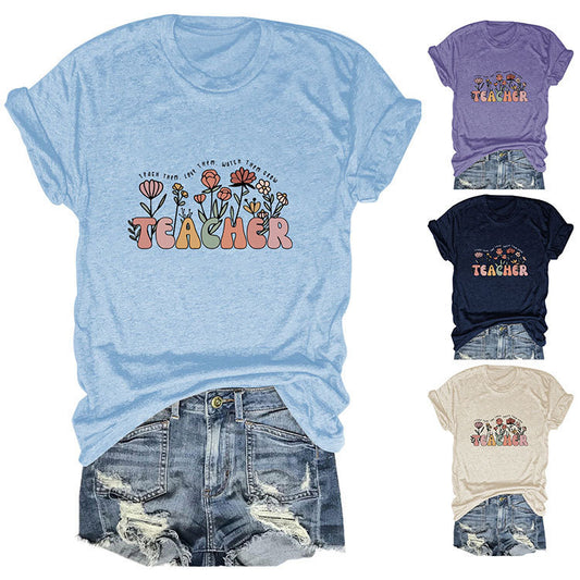 Casual TEACHER Floral Women's Loose Round Neck Short Sleeve