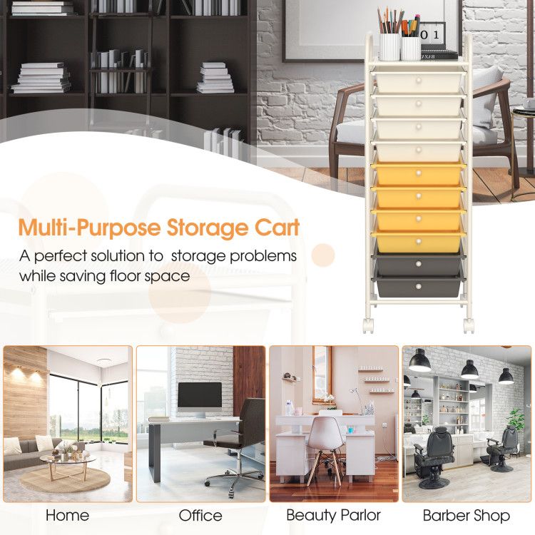 Rolling Storage Cart Organizer with 10 Compartments and 4 Universal Casters