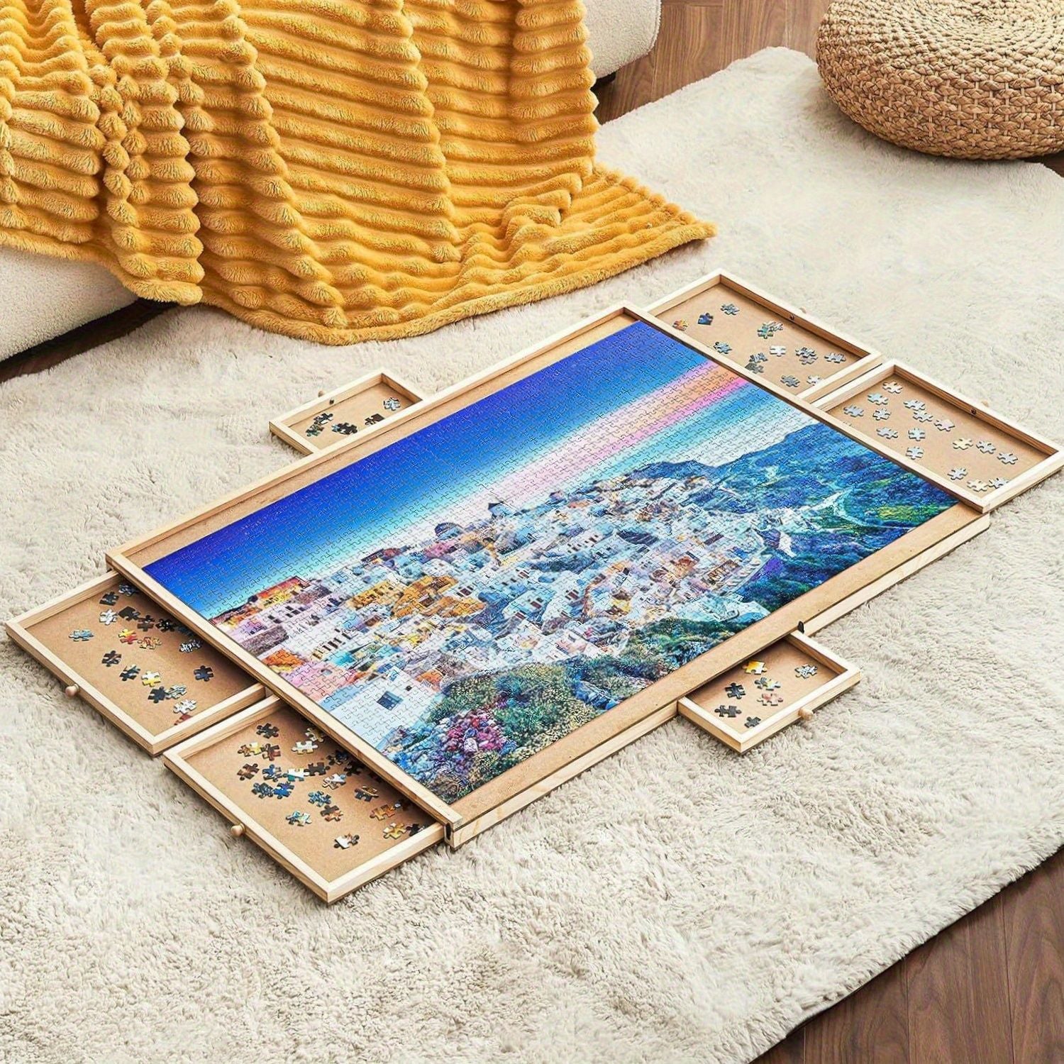 Portable puzzle board - can hold 1500 DIY rotating puzzle boards with drawers and lids - sturdy puzzle table with 6 drawers - with lazy Susan, rotating puzzle accessories, (workbench+6 drawers)