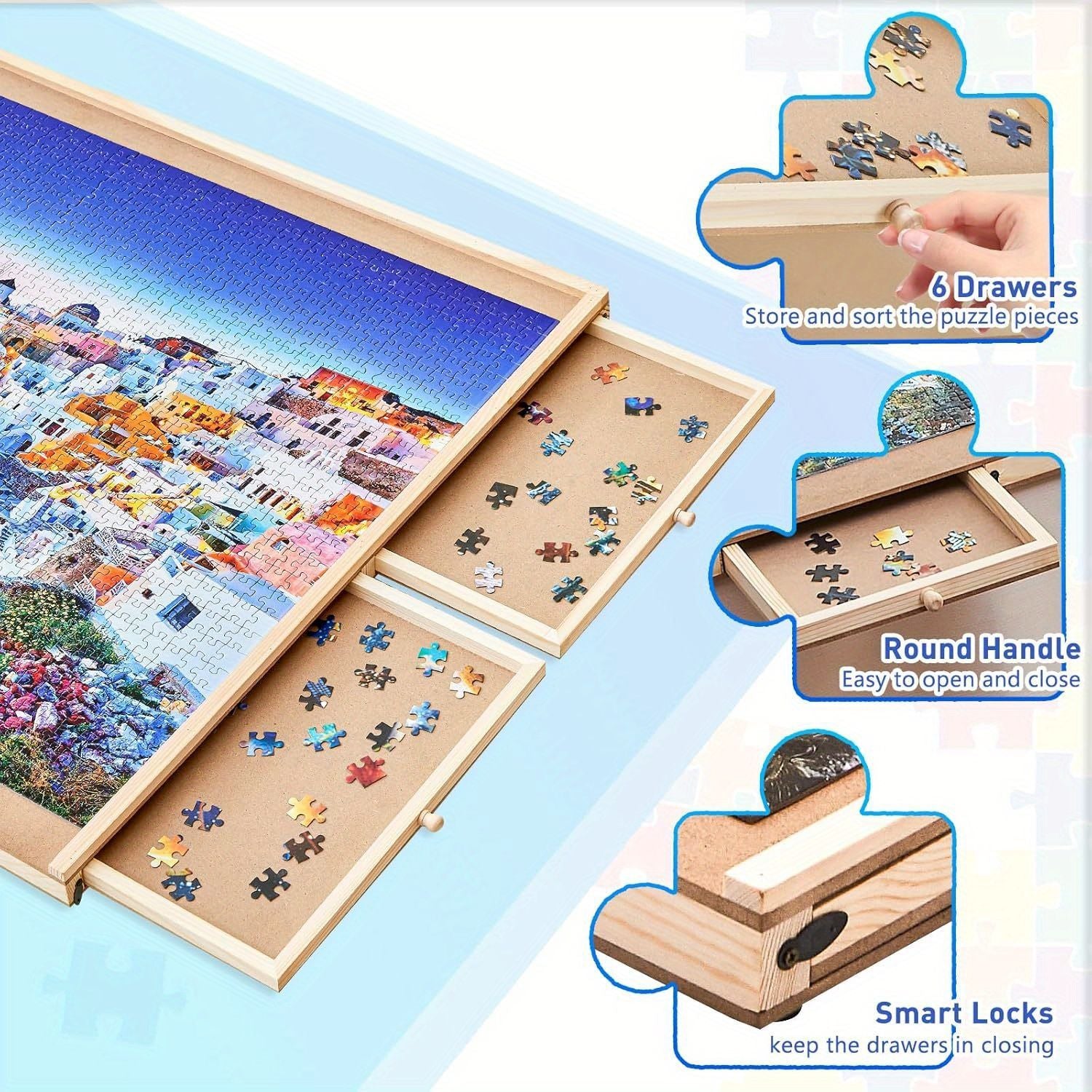 Portable puzzle board - can hold 1500 DIY rotating puzzle boards with drawers and lids - sturdy puzzle table with 6 drawers - with lazy Susan, rotating puzzle accessories, (workbench+6 drawers)