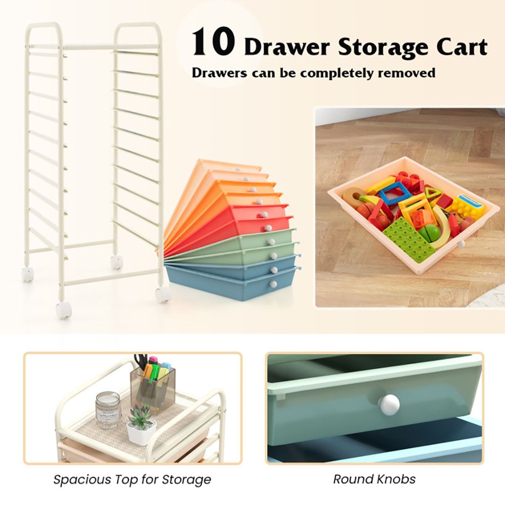 Rolling Storage Cart Organizer with 10 Compartments and 4 Universal Casters