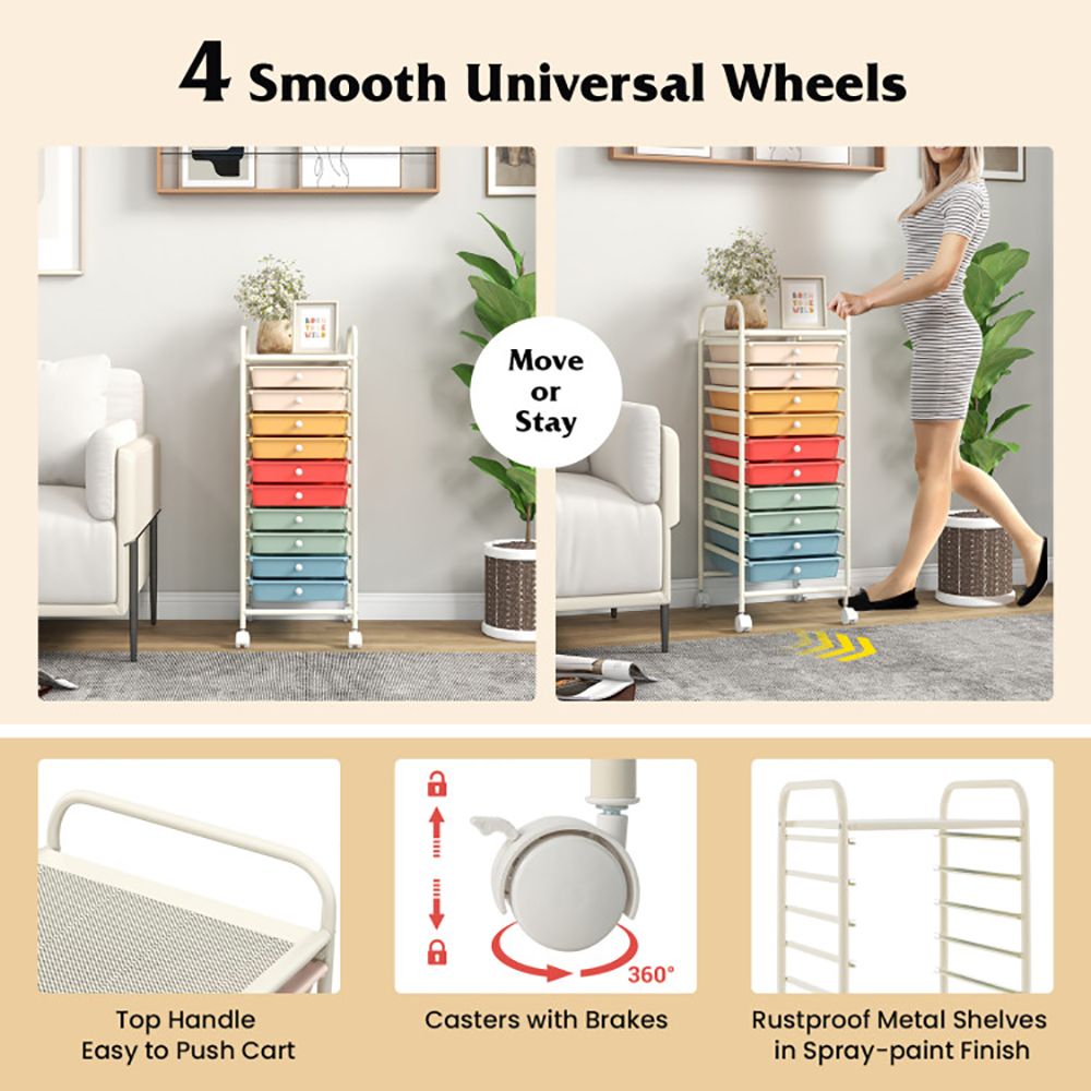 Rolling Storage Cart Organizer with 10 Compartments and 4 Universal Casters