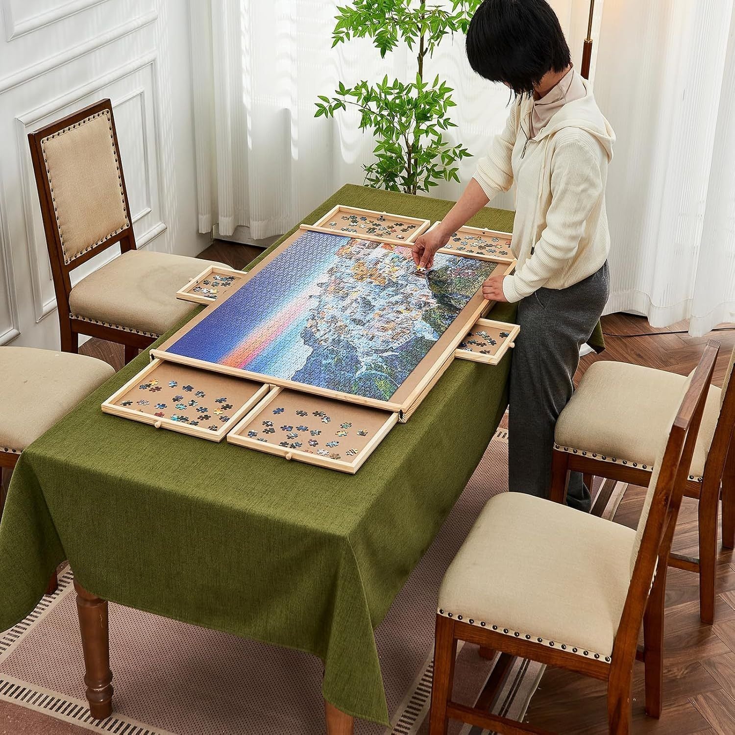 Portable puzzle board - can hold 1500 DIY rotating puzzle boards with drawers and lids - sturdy puzzle table with 6 drawers - with lazy Susan, rotating puzzle accessories, (workbench+6 drawers)