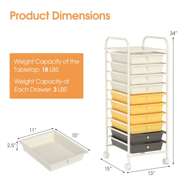 Rolling Storage Cart Organizer with 10 Compartments and 4 Universal Casters