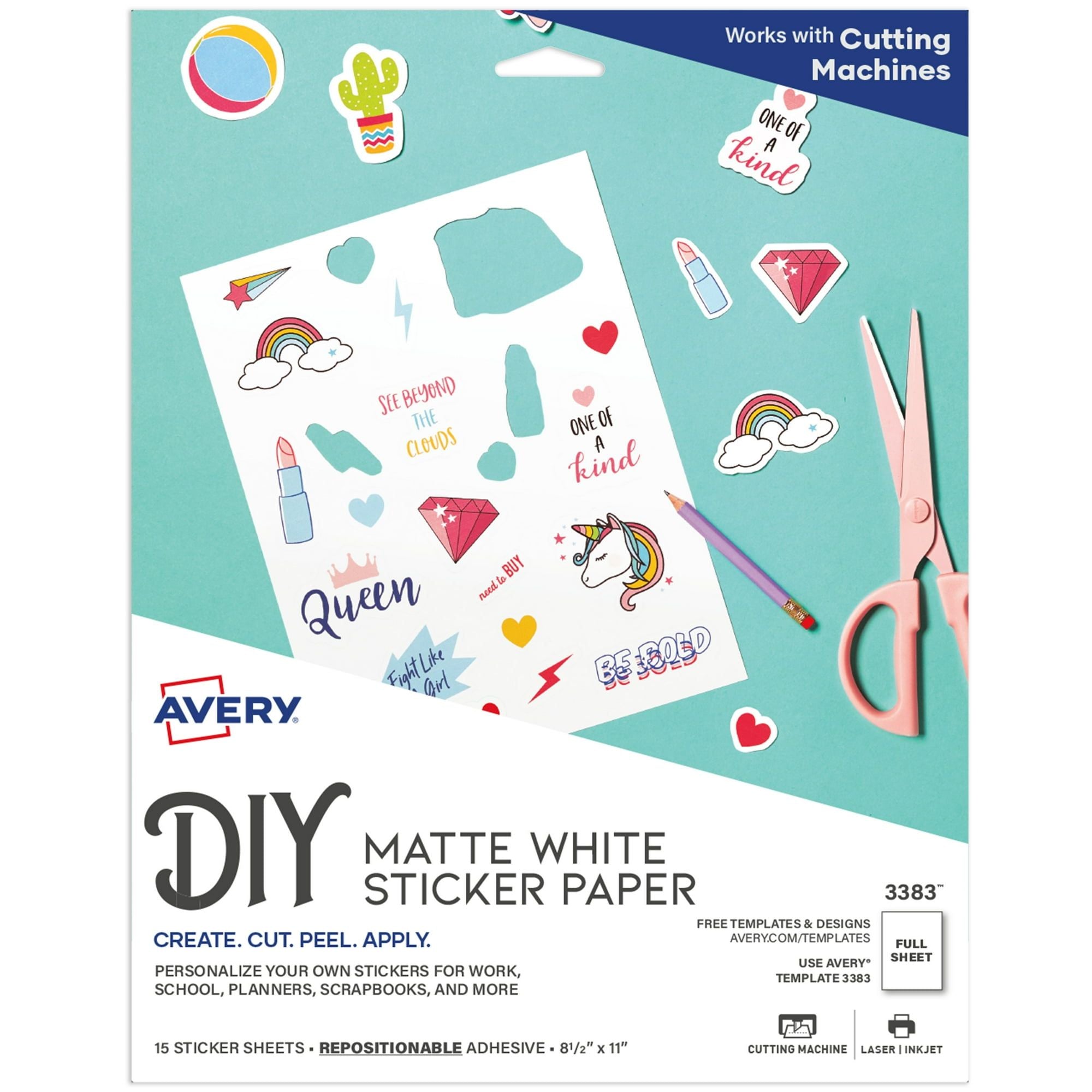 Avery Printable Sticker Paper, Matte White, Inkjet, 15 Sheets (3383)