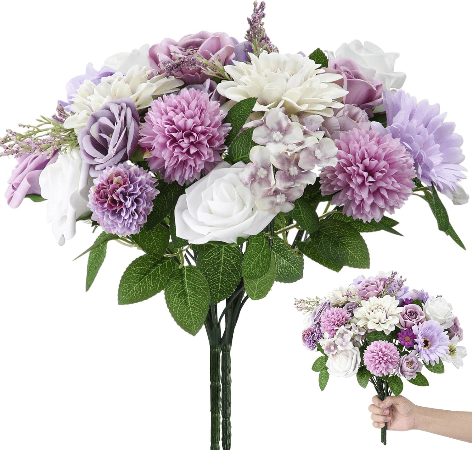 Hoteam 2 Bundles Artificial Flowers Combo Silk Mix Purple Fake Flowers with Stems Roses Chrysanthemum Dahlia Greenery Combo Set for DIY Wedding Bouquets Baby Shower Table Centerpieces Home Decor