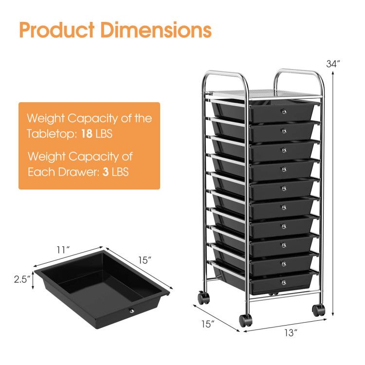 Rolling Storage Cart Organizer with 10 Compartments and 4 Universal Casters