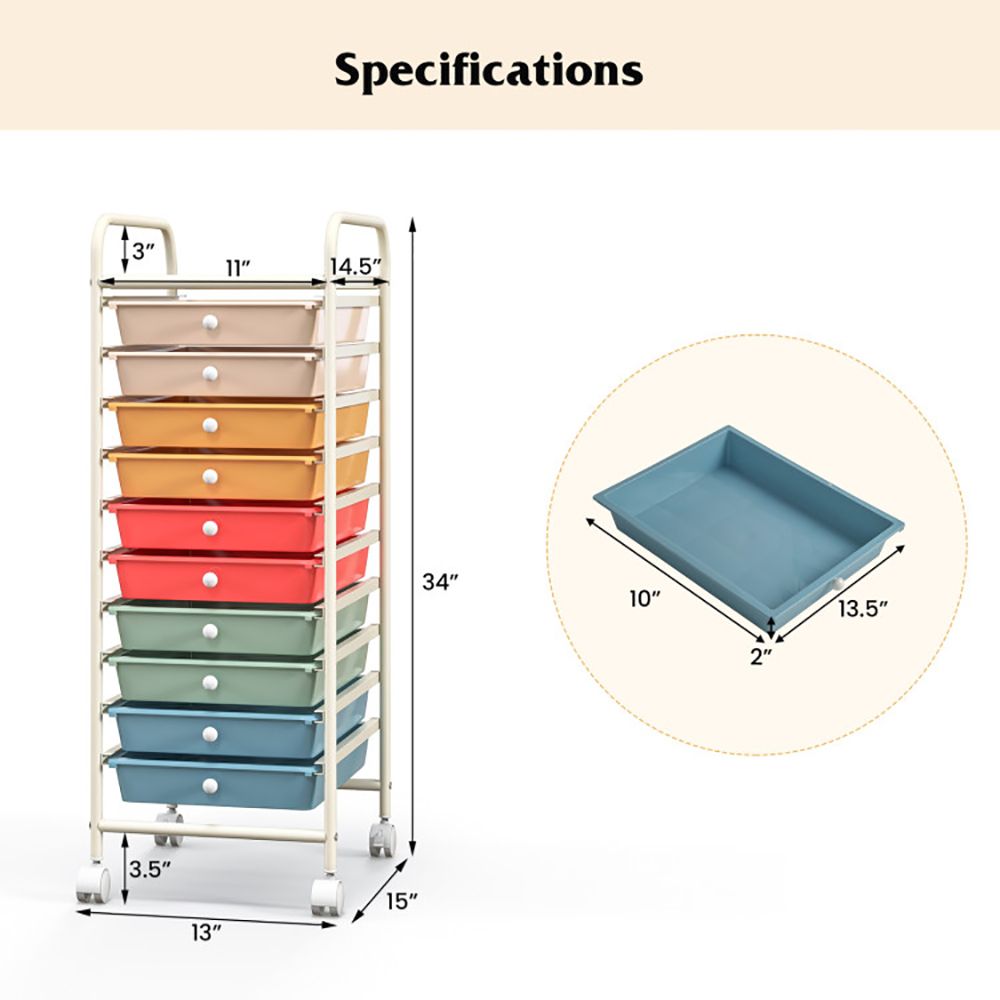 Rolling Storage Cart Organizer with 10 Compartments and 4 Universal Casters