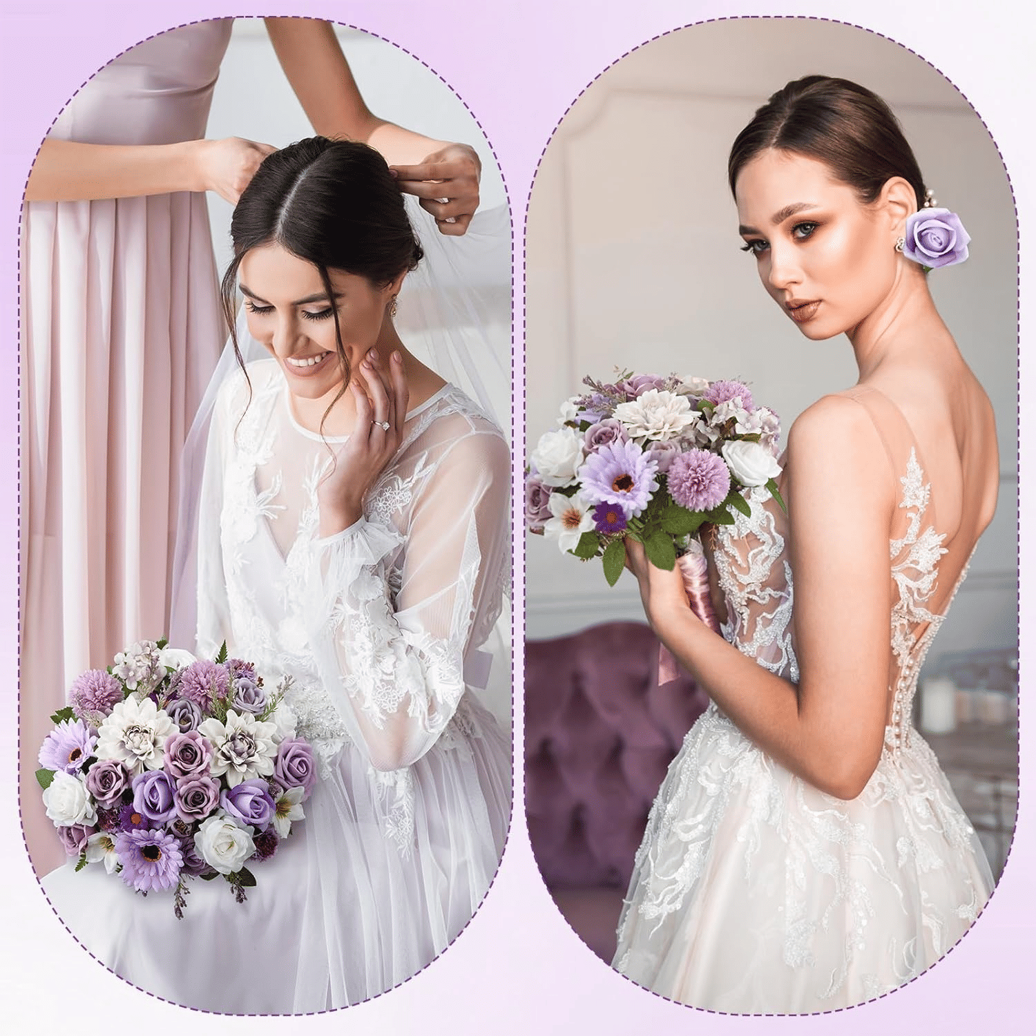 Hoteam 2 Bundles Artificial Flowers Combo Silk Mix Purple Fake Flowers with Stems Roses Chrysanthemum Dahlia Greenery Combo Set for DIY Wedding Bouquets Baby Shower Table Centerpieces Home Decor