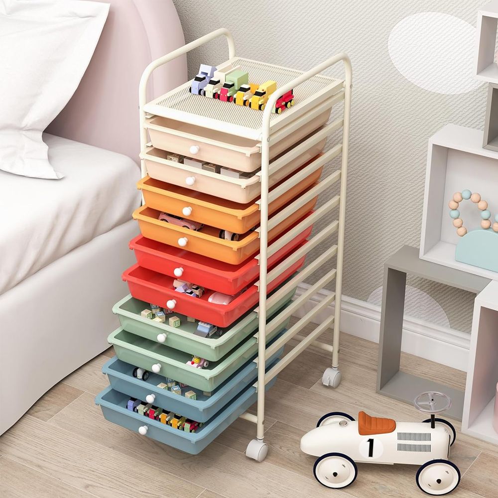 Rolling Storage Cart Organizer with 10 Compartments and 4 Universal Casters