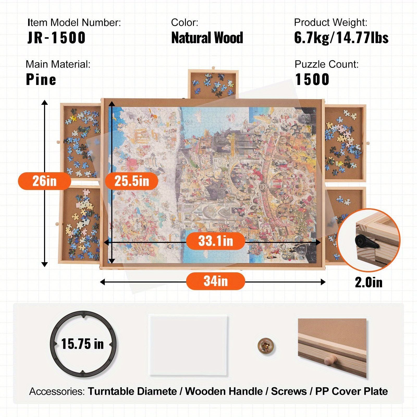 Portable puzzle board - can hold 1500 DIY rotating puzzle boards with drawers and lids - sturdy puzzle table with 6 drawers - with lazy Susan, rotating puzzle accessories, (workbench+6 drawers)
