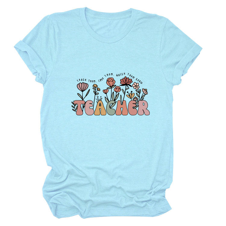 Casual TEACHER Floral Women's Loose Round Neck Short Sleeve