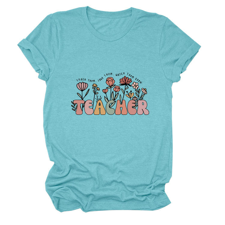 Casual TEACHER Floral Women's Loose Round Neck Short Sleeve